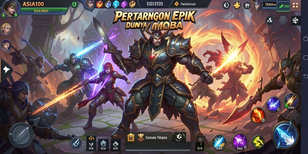 Screenshot ASIA100 menampilkan aksi pertempuran seru dalam arena MOBA.