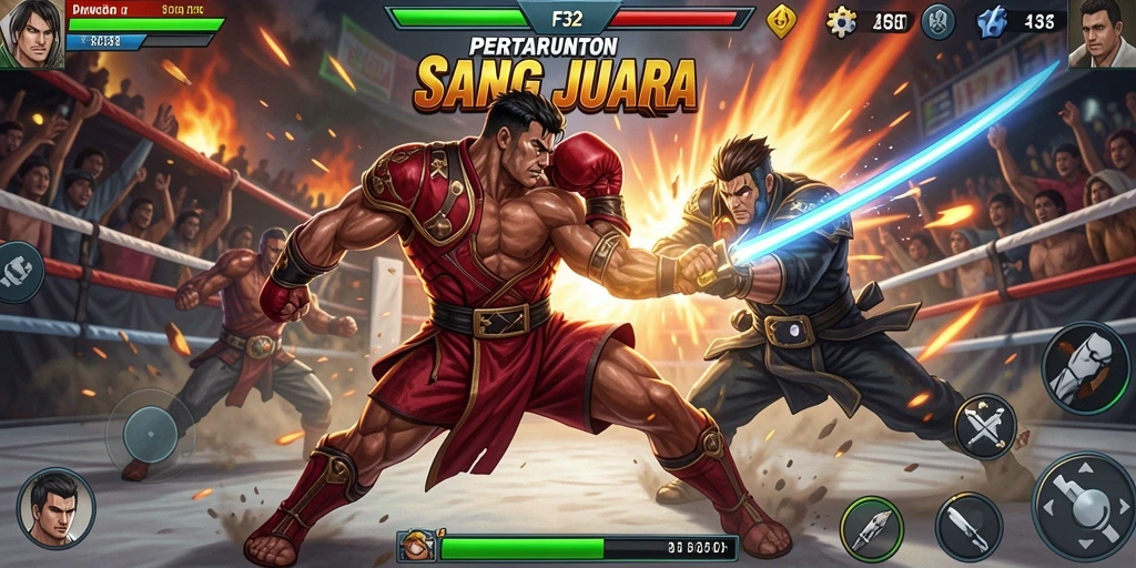 Gambaran gameplay F32 dengan pertarungan yang mendebarkan dan karakter unik.