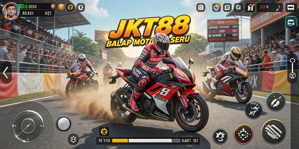 Tampilan gameplay JKT88 yang mendebarkan saat balapan motor.