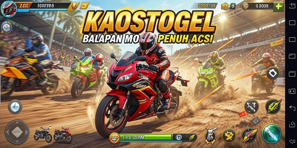 Screenshot KAOSTOGEL menampilkan adegan balapan motor yang mendebarkan.