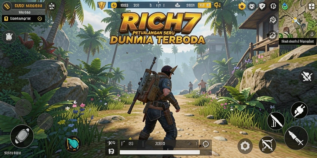 Screenshot utama menampilkan karakter di dunia terbuka RICH7 dengan pemandangan indah.